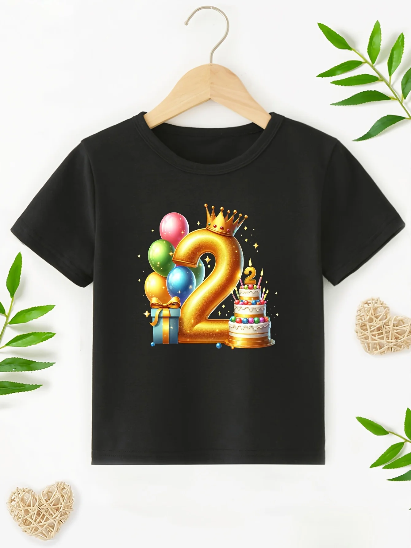 Boys Personalized‑Age Birthday T‑Shirt, Balloon & Candle Print, Machine Washable For Spring‑Summer Celebration