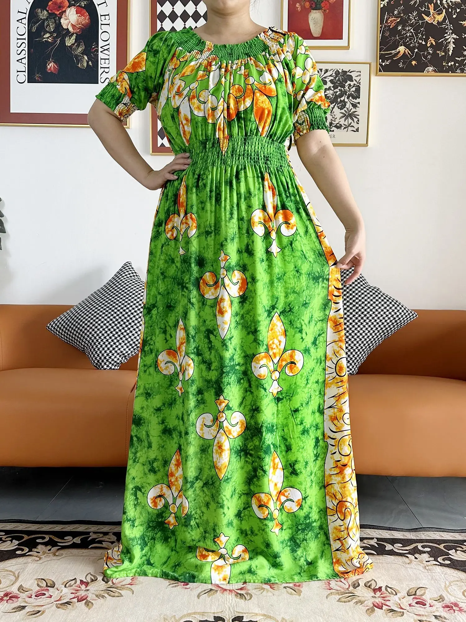 New African Women Dashiki Cotton Floral Dress Printing Summer Short Sleeve Collect Waist Straight Loose Size African Women Abaya