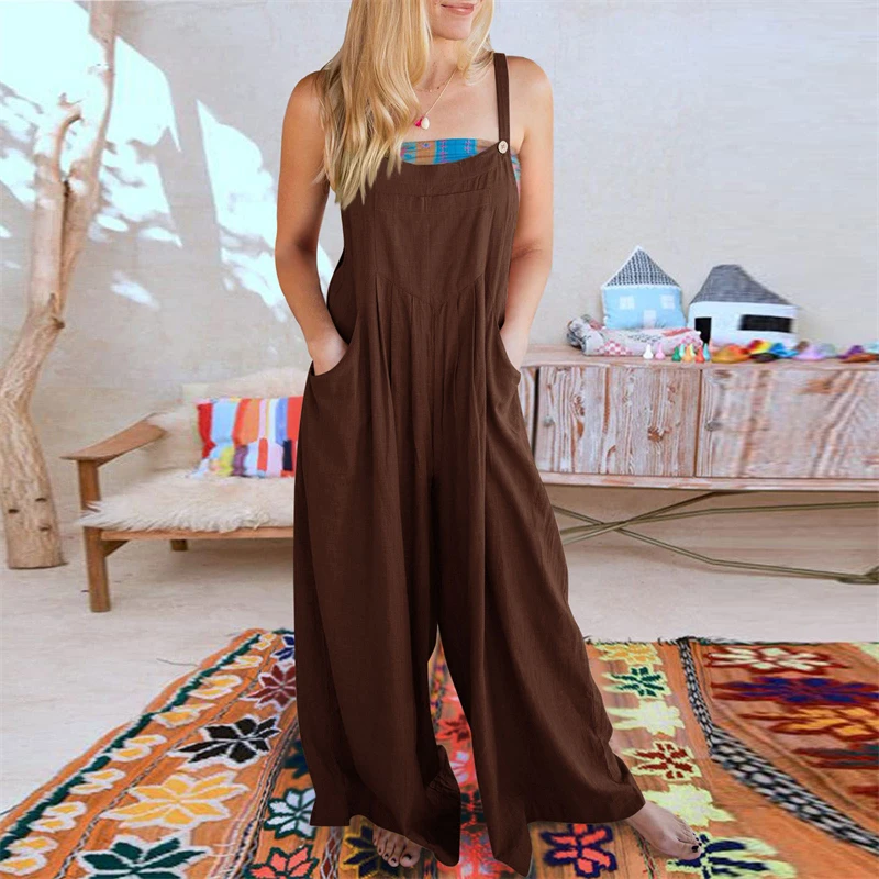 2023 Summer Vintage Casual Streetwear Pleated Overalls Rompers Female Solid Sleeveless Pockets Beach Wide Leg Jumpsuits Outfits