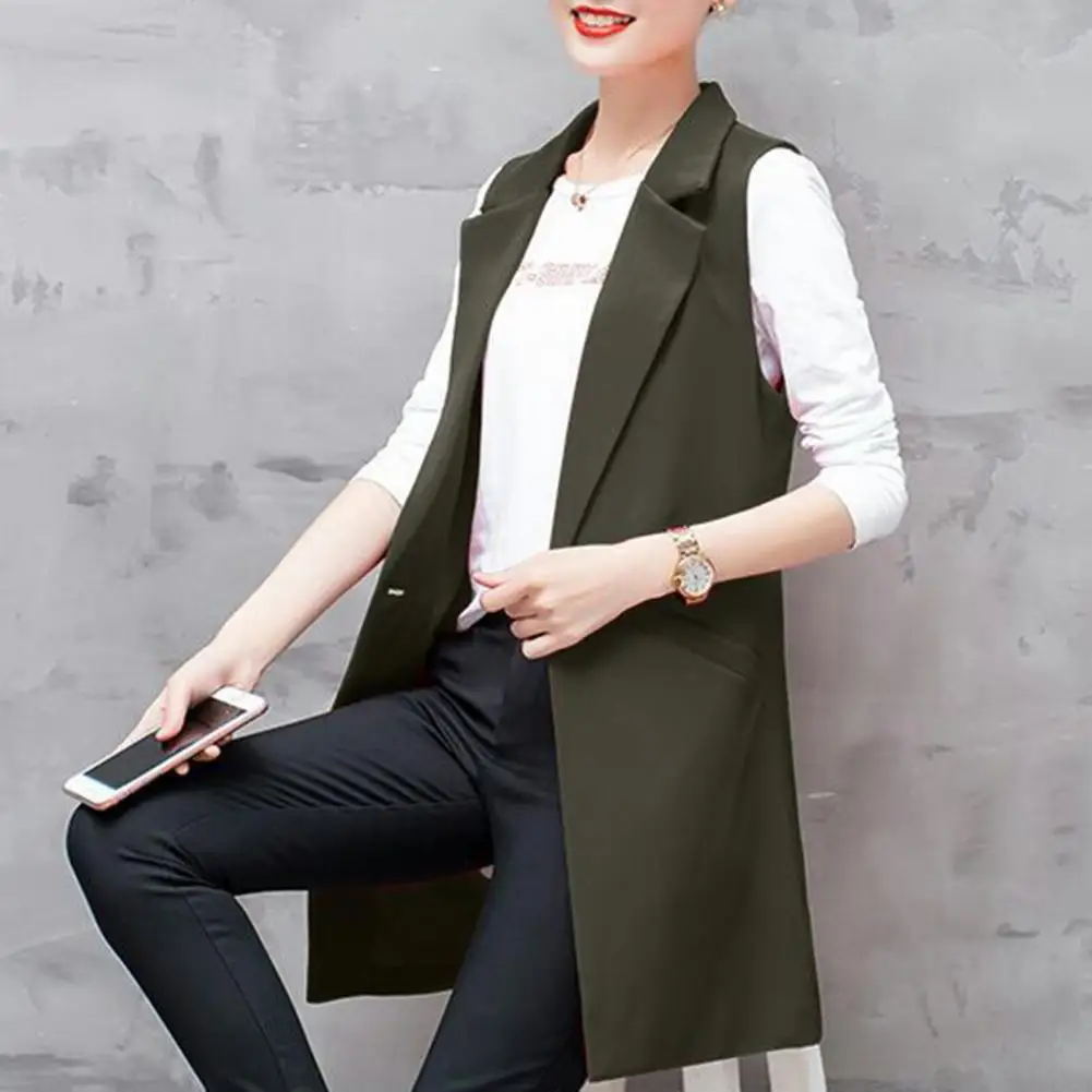 Women Long Suit Coat Sleeveless Mid Length Vest Jacket Thin Cardigan Lapel Formal OL Commute Style Lady Jacket