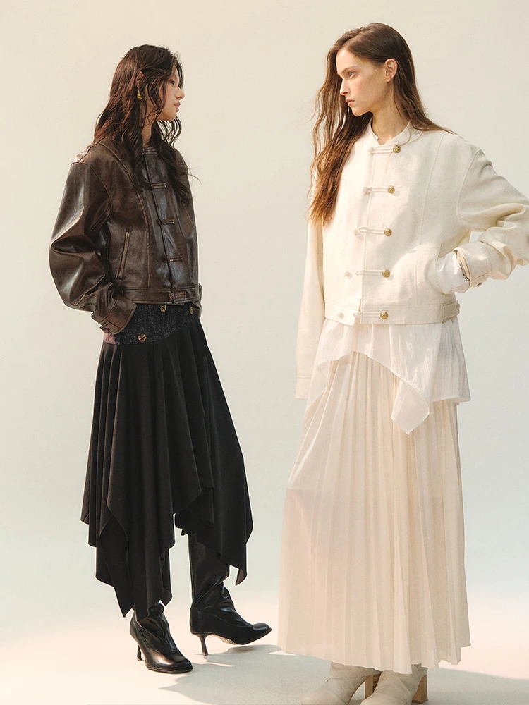 Genetic Design Brown Leather Jaet Women's ort Sle Faded Texture AnnoMundi Casual Faion PU Coat for Young Ladies