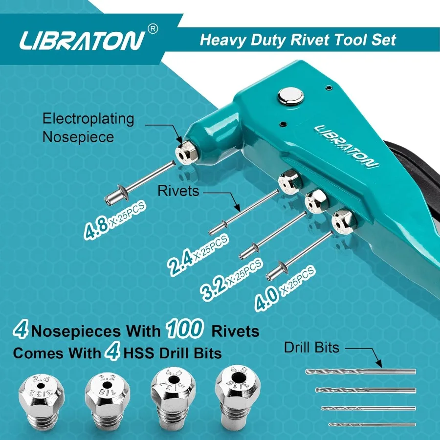 Heavy Duty Rivet Gun Pop Rivet Gun Set for Metal Wood and Plastic Repair and Assembly Professional Manual Riveting Tool with 11