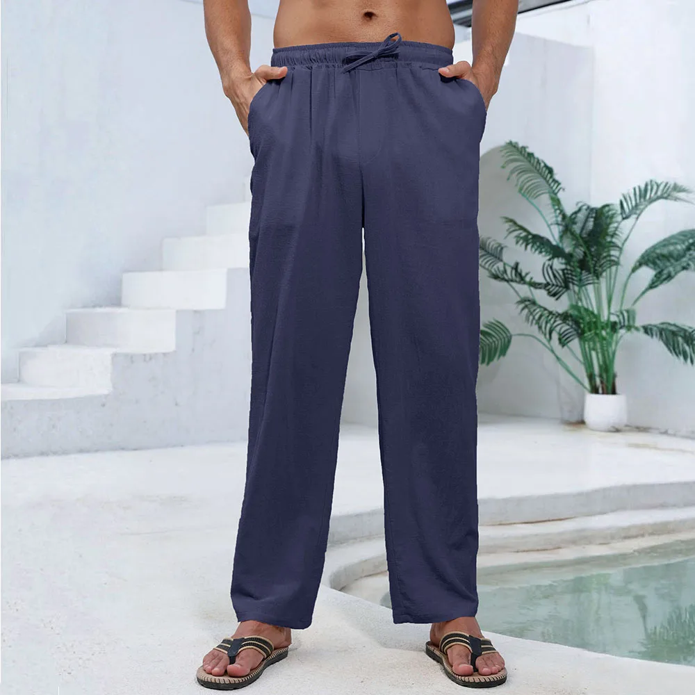 بنطال رجالي من القطن والكتان بأرجل مستقيمة وخفيف الوزن ومسامي، بنطال مريح على طراز الشاطئ بلون سادة، بنطال رياضي مريح غير رسمي