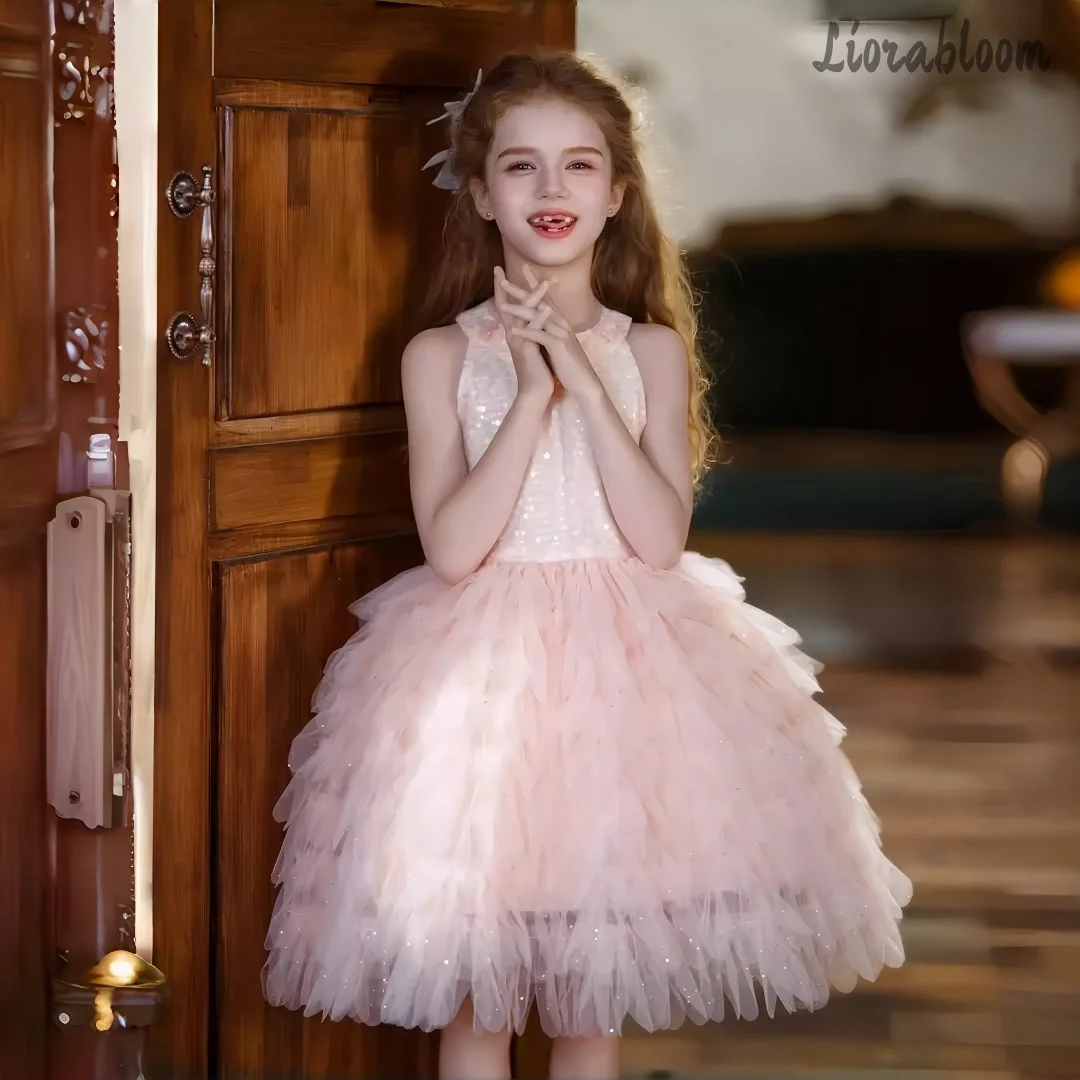 Girls' Pink Halter Dress Floral-Embroidered Mesh Flower Girl Gown Layered Voluminous Party Dress Wide Flared Wedding Attire view 2