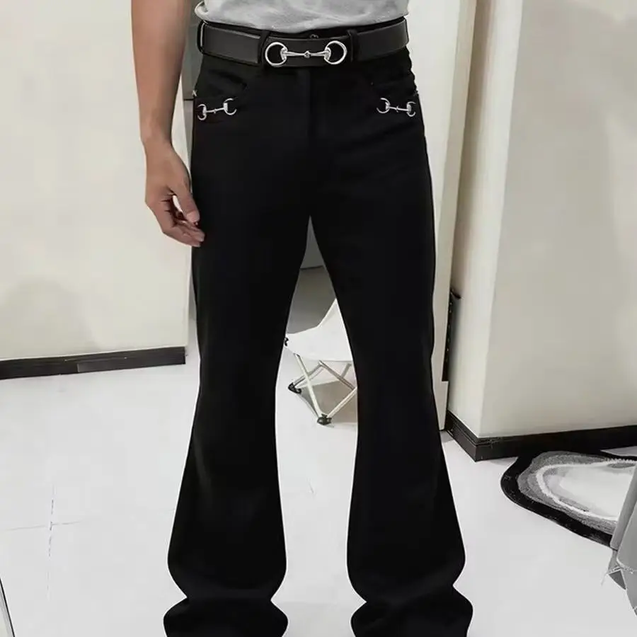 American Retro buckle Design Spring And Autumn Washed Micro-Flare Jeans Men And Women High-Waisted Hip-Hop Loose Wide Leg Jeans - Image 4