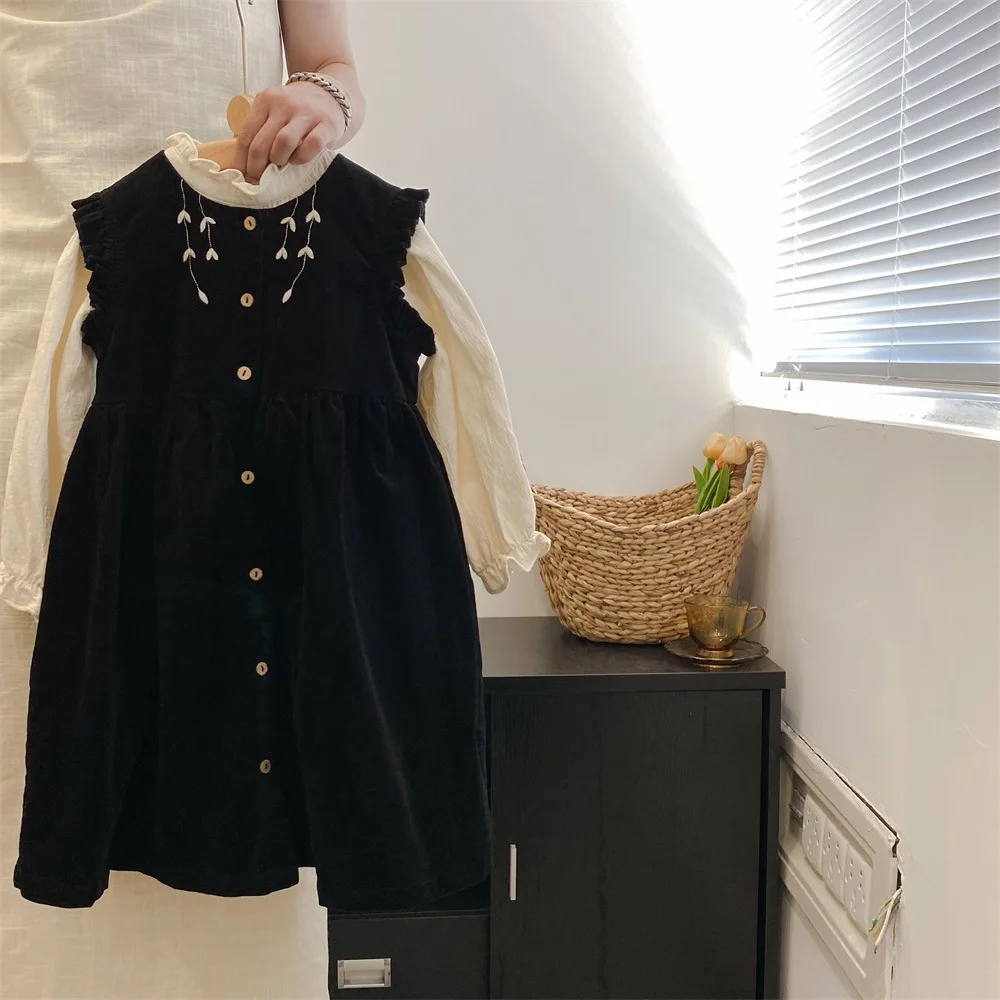 

2024 Autumn Children Dress Set Kids Girl Beige Shirt + Black Vest Skirt Infants Pullover Top and Sleeveless Dresses Girls Outfit