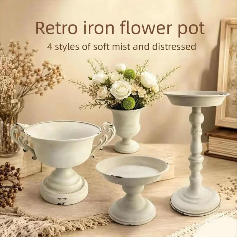 Country Farmhouse Retro Wrought Iron Vase Garden Courtyard Plant Pot Hotel Old White Flower Ware Home Ornament Cup