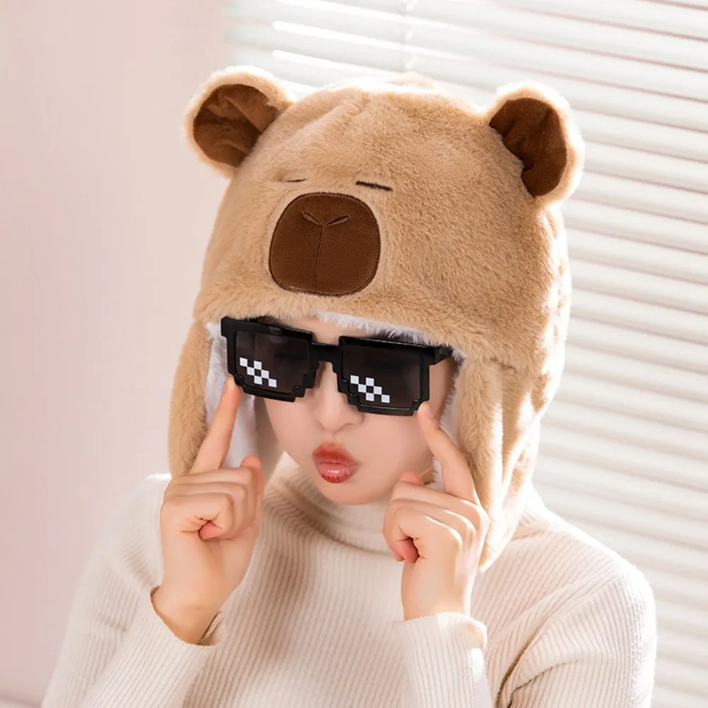 따뜻한 귀여운 플러시 Capybara 모자 풀오버 모자 만화 Capybara 플러시 모자 두꺼운 귀 보호 동물 귀 비니 모자 소녀