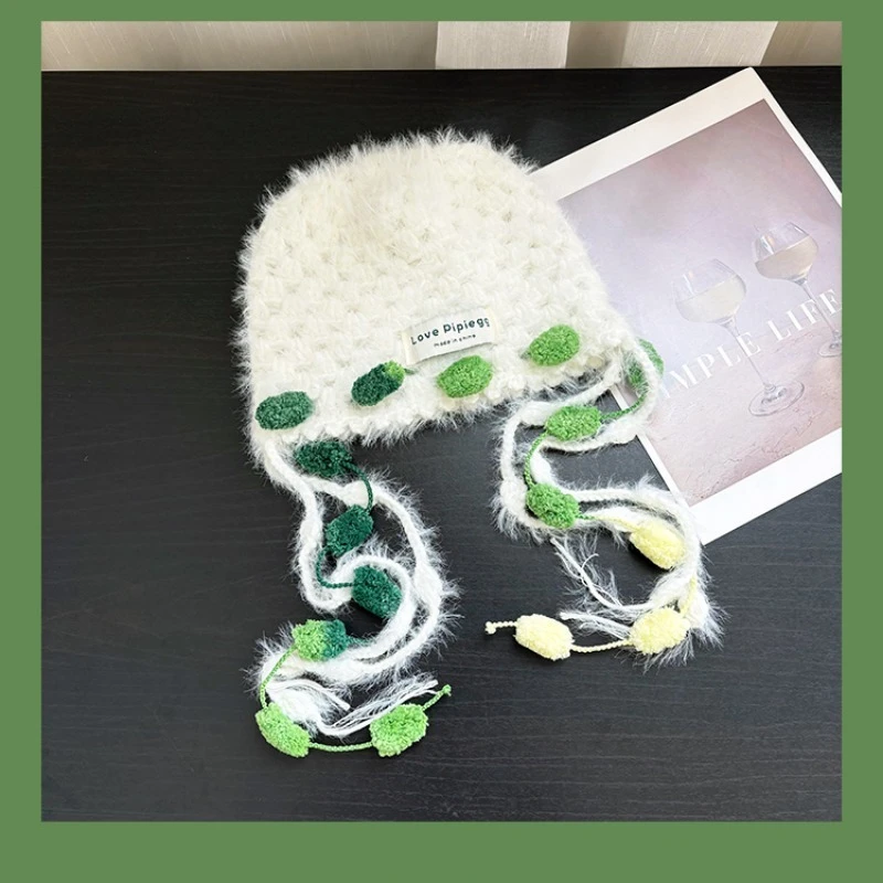 المتخصصة المنسوجة يدويا الأخضر بوم بوم بلوفر مغزول قبعة المرأة الخريف والشتاء الحلو المخملية الحرارية حزام واقي أذن قبعة قبعات #4