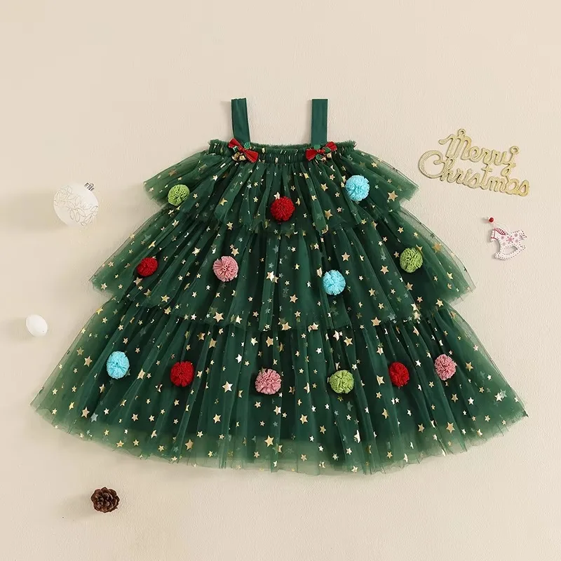 Kid Christmas Girl Tulle Dresses Sleeveless Square Neck Candy Cane/Plaid Print Tutu Dress Toddler Princess Dress Party Costumes