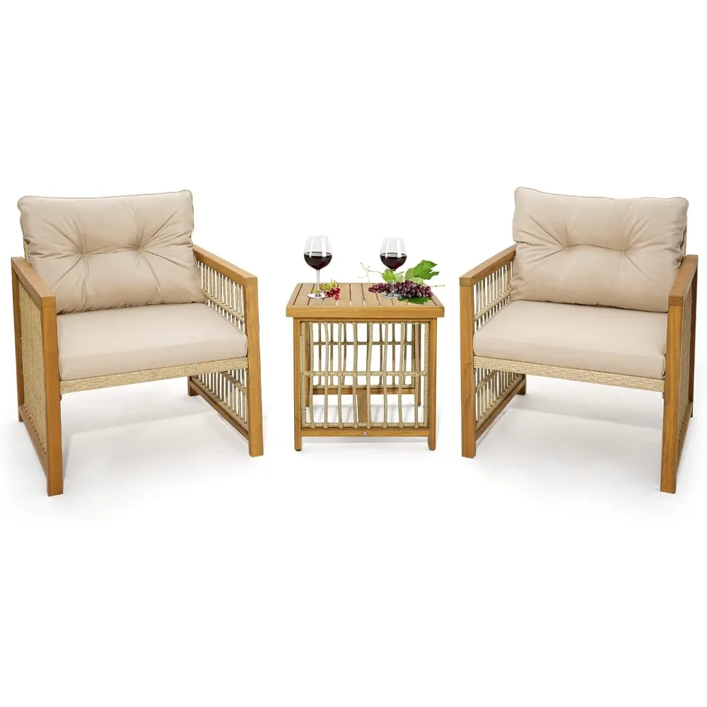 

3 Pieces Acacia Wood Patio Furniture Set, PE Wicker Bistro Set with Cushioned Chairs and Coffee Table