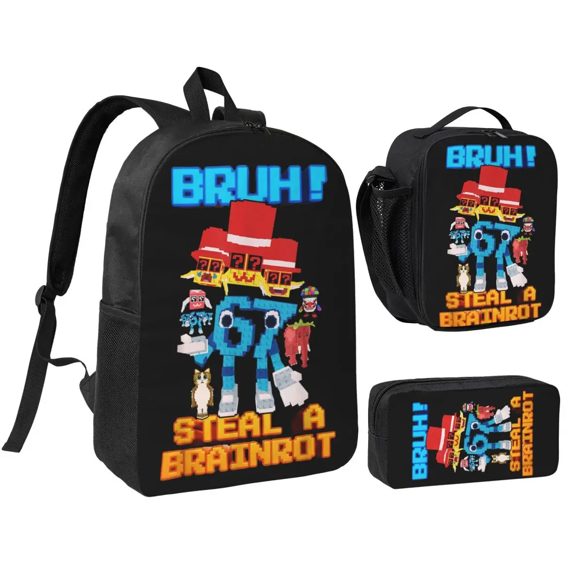 3pecs/set 67 Six Seven 6-7 Funny Steal Brainrot Gaming Meme Backpack for Student High-capacity Canvas Bags Lunch bag Pencil Case