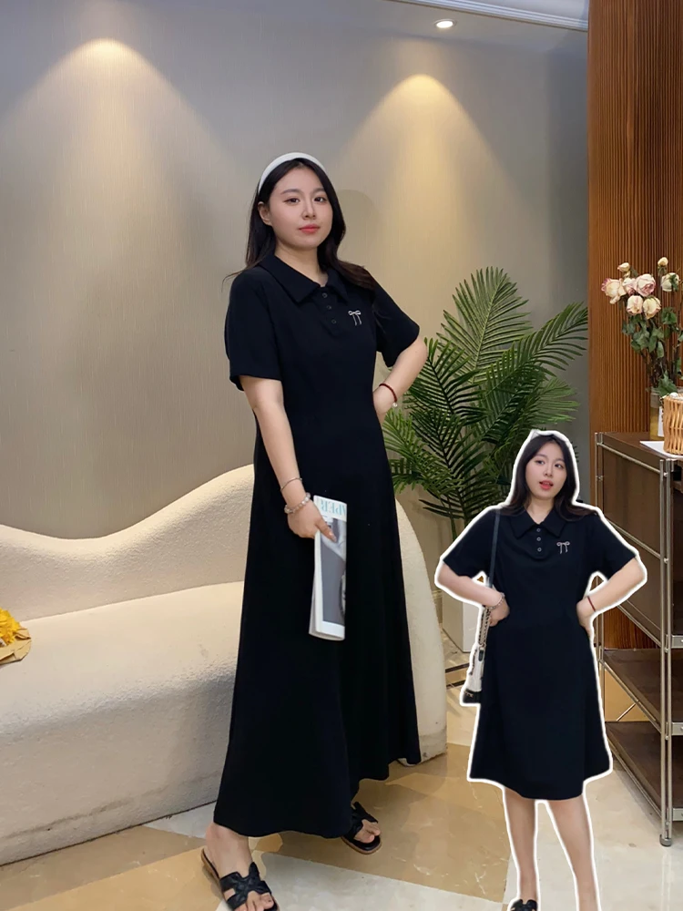 

Slimming A-Line Midi And Maxi Bla Dres for plus Size Women Simple Embroidery Turn-down Collar Dres ort And Long Opt...