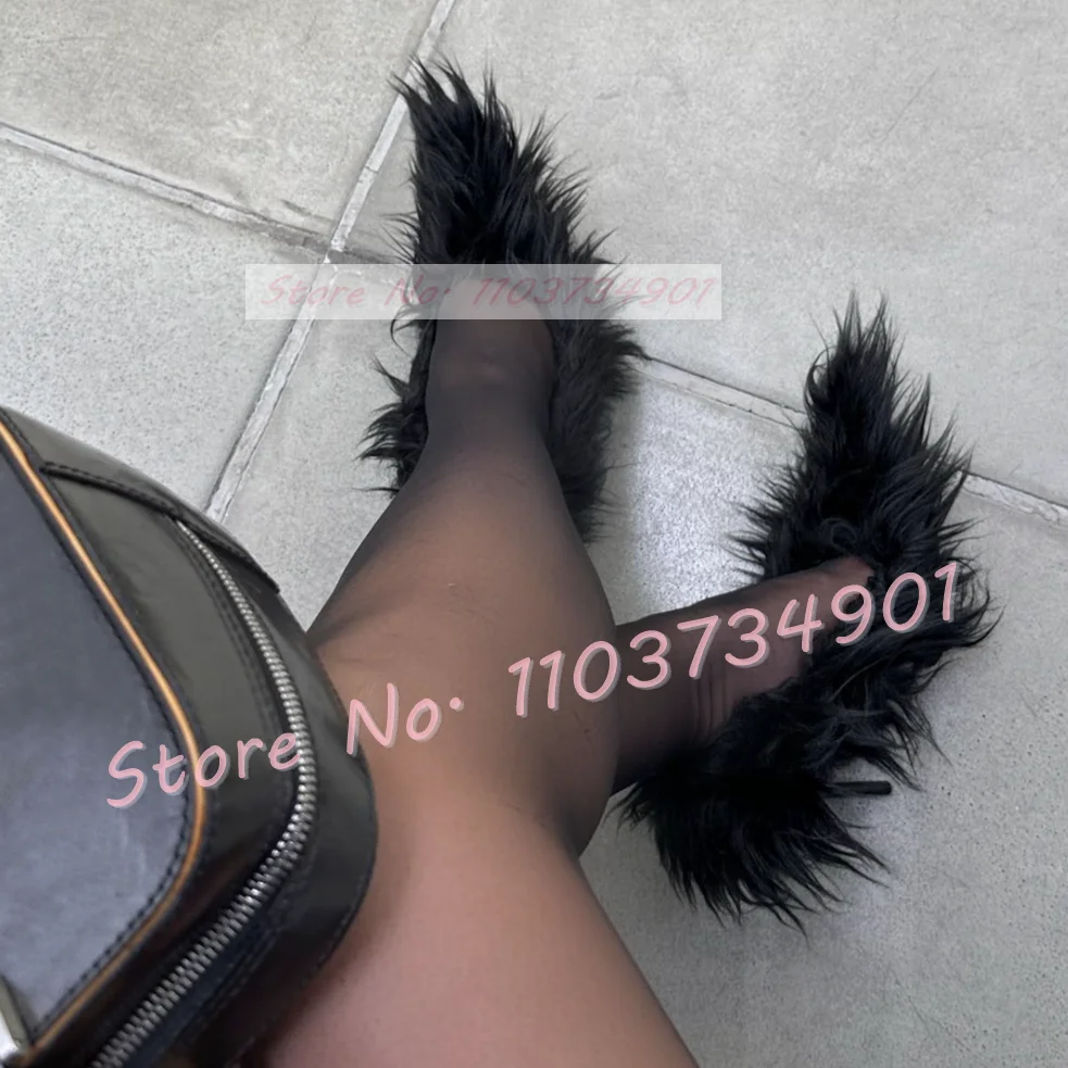 Black Faux-Fur Slip-On Pumps Women Sexy Pointed Toe Stiletto High Heels Shoes Ladies Fashion Elegant Solid Casual Big Size Pumps