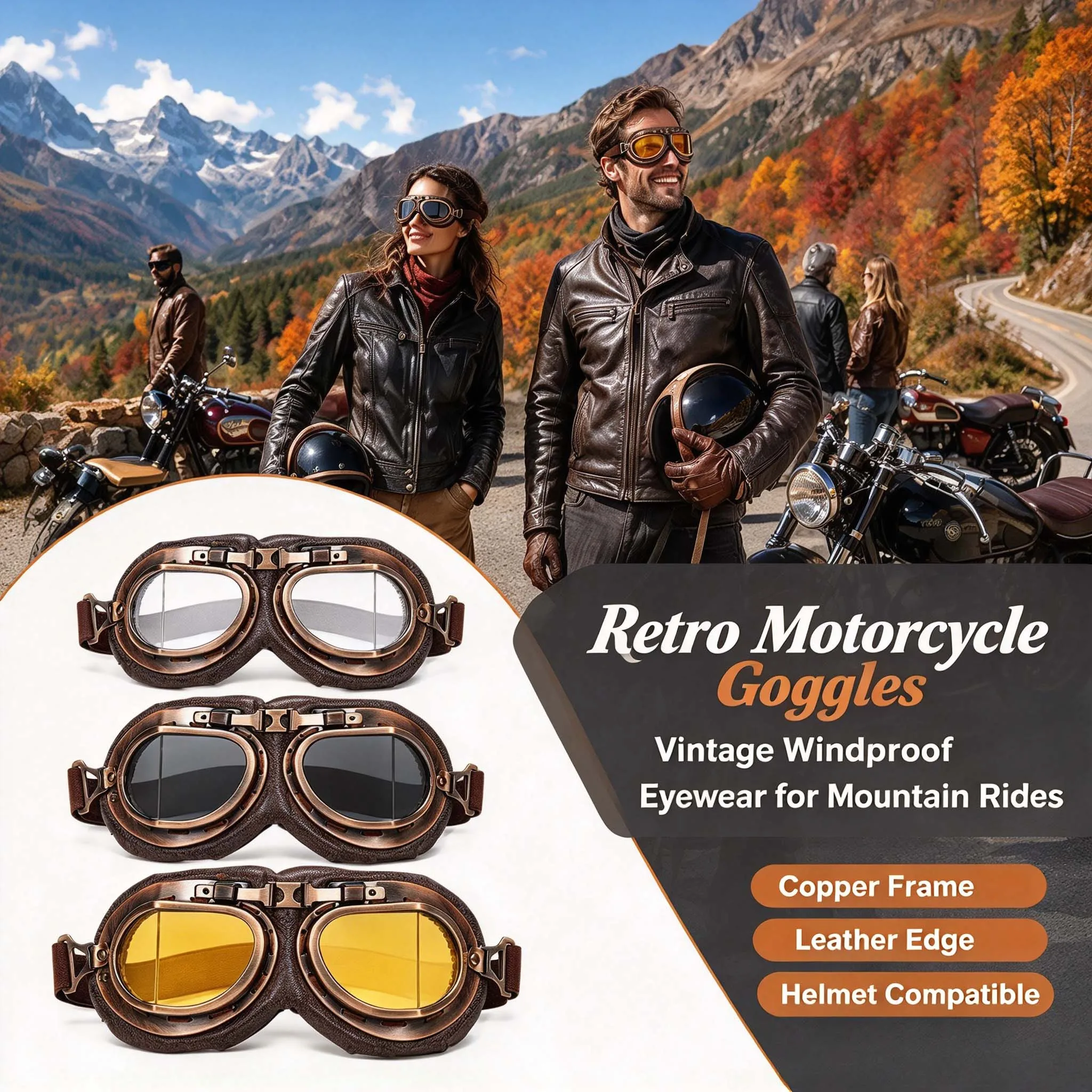Helmet Accessories Copper Retro Moto Goggles Glasses Vintage Classic Windproof Goggles for Men Women Harley Steampunk ATV Bike