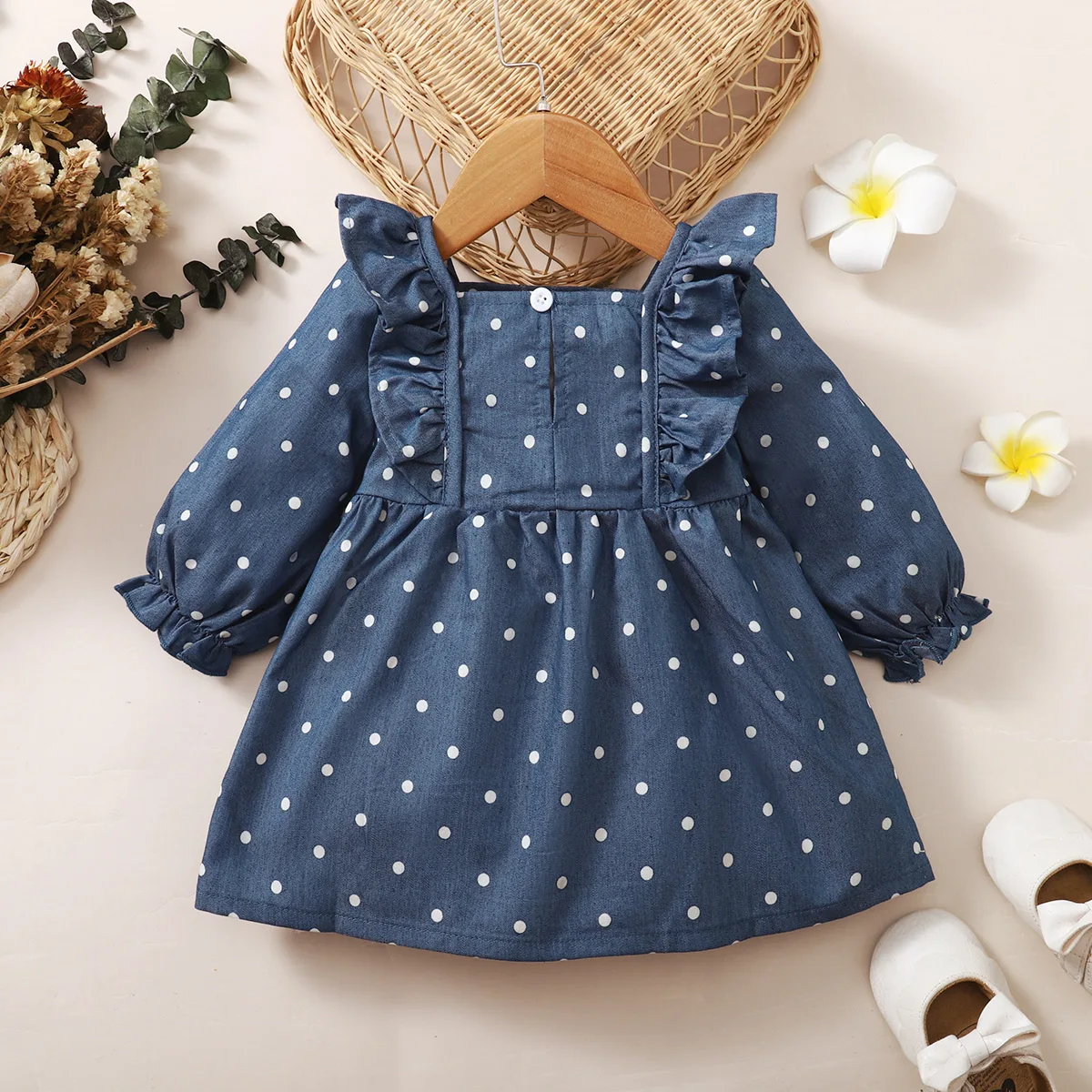 Baby Girl Long-Sleeved Dress Blue Ruffled Edges Polka Dots Fashionable Casual Dress Suitable for Toddler Baby Girl 0-24 Months