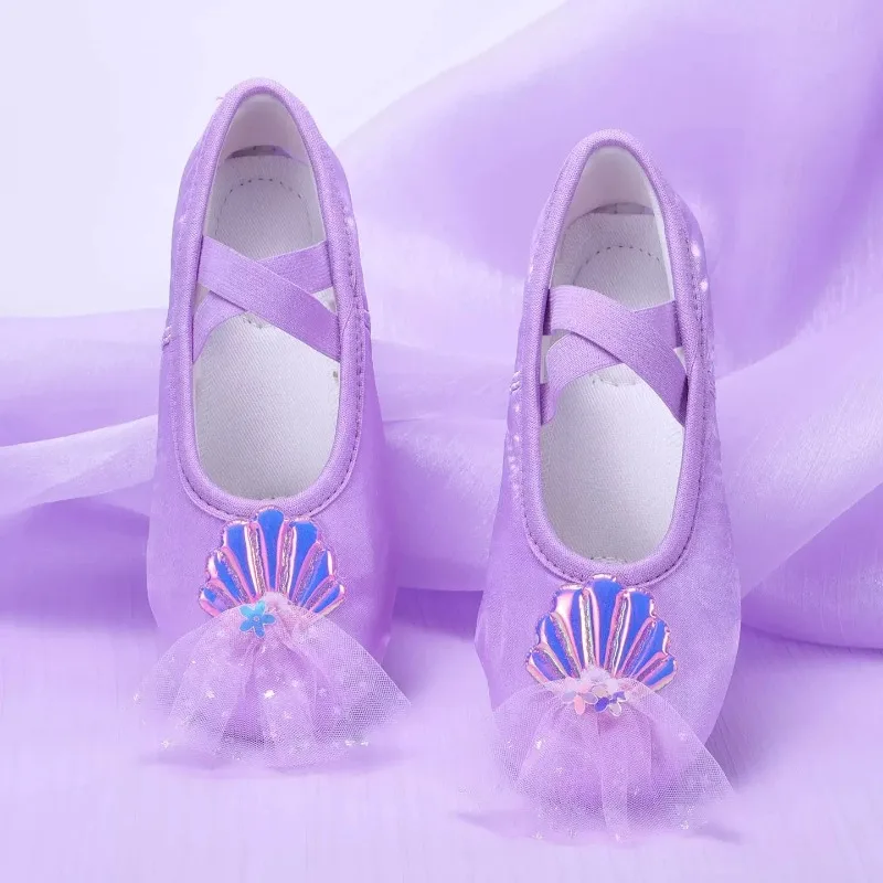 2026 Children's Cute Glossy Shell Mesh Soft Sole Ballerina Dance Shoes Little Girl Practice Satin Ballet Shoes