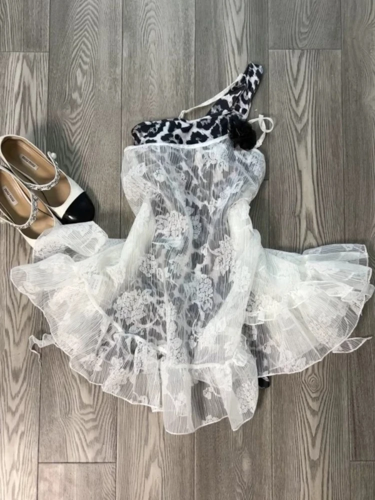 フレンチセクシースタイル スリム Y2K ツーピースセット レディース スキニー レオパードドレス + シックなレースブラウス 新作 ピュアディザイア スパイスガール スイートスーツ 2025