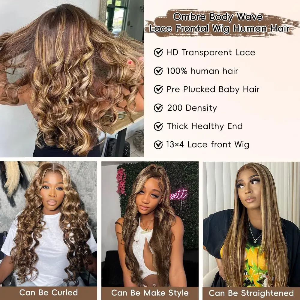 Wig Depan Renda 40 Inci Pirang Madu 4/27 Gelombang Tubuh Rambut Manusia Wig Frontal Renda HD 13X4 Wig Gelombang Tubuh Sorot Rambut Manusia