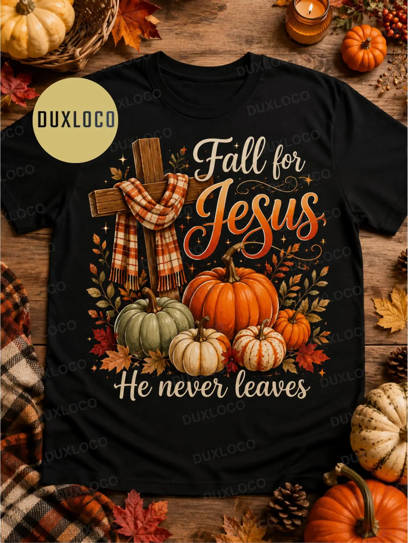 1pc Men'S And Women'S Fall for Jesus He Never Leaves Leaves Autumn Christian T-Shirt Casual Crew Neck Tee Regular Fit Short Sleeves for Fall Halloween All Seasons Perfect Gift Retro Printed 180G 100%