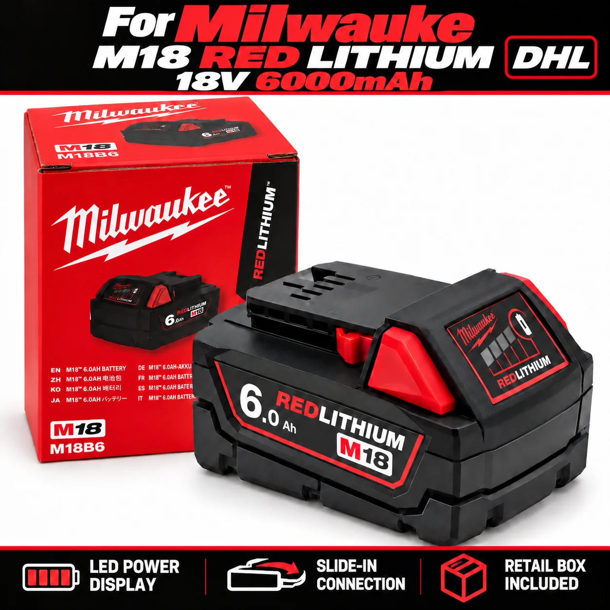 New Milwaukee 100% M18 6.0Ah High Output Battery 18V Lithium-ion Rechargeable for Milwaukee M18 Cordless Power Tools 6Ah Battery