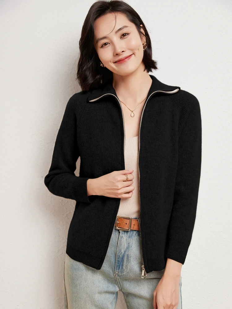 Addonee Autumn Winter Women Sweater Zipper Turn-down Collar Cardigan 100% Merino Wool Casual Cashmere Knitwear Korean Fashion