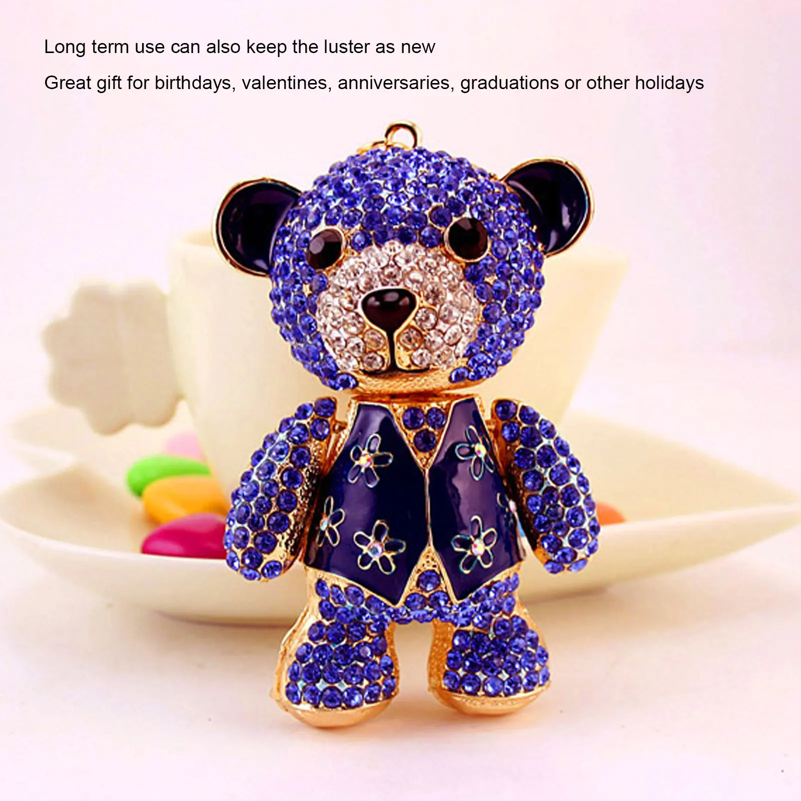 Process Bear Keychain Electroplate Long Cute Rhinestone Keyring with Hook Pure Color Design Birthday Anniversary Gift for Her​