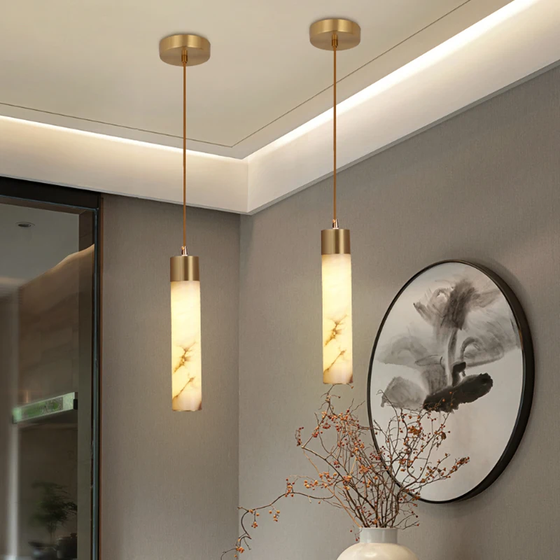 

Chinese Style High-end Copper Marble Cylindrical Decro LED Pendant Bedroom Study Dining Room Lighting Fixtures Dropshipping