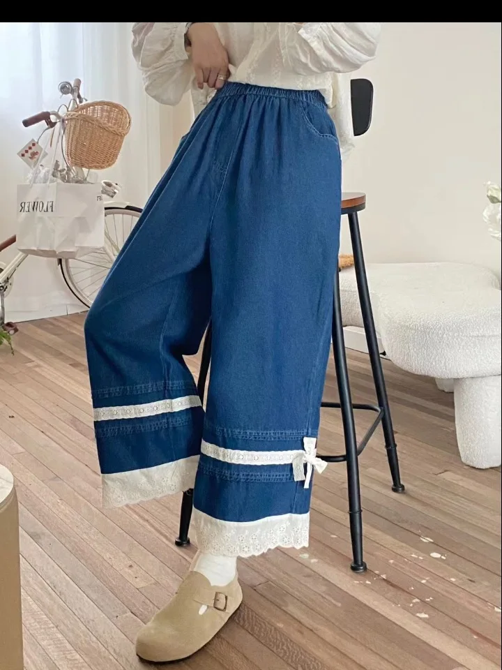 Summer Denim Retro Sweet Jeans Women High Waist Lace Bow Trousers Mori Girl Fashion Commute Wide Leg Pants 2024 Autumn B47371QM