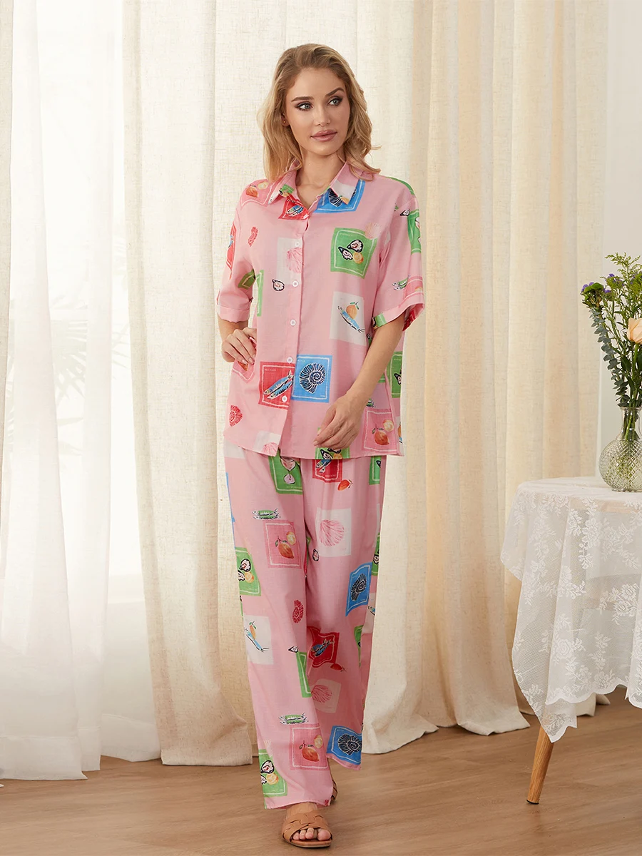 Conjunto de pijamas de manga curta com estampa múltipla feminina, roupas loungewear, tops e calças, roupas de dormir, 2 peças