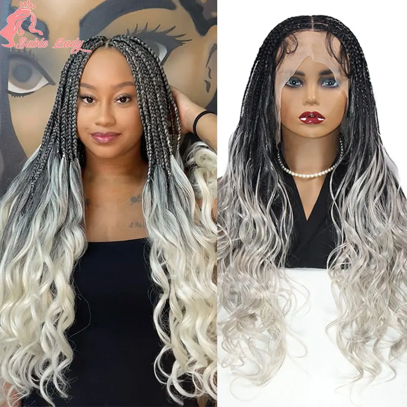 

Ombre Grey Box Braided Wigs Synthetic French Curls Braiding Wig Cornrows Braids Wig Faux Locs 26" Goddess River Locs Braid Wigs