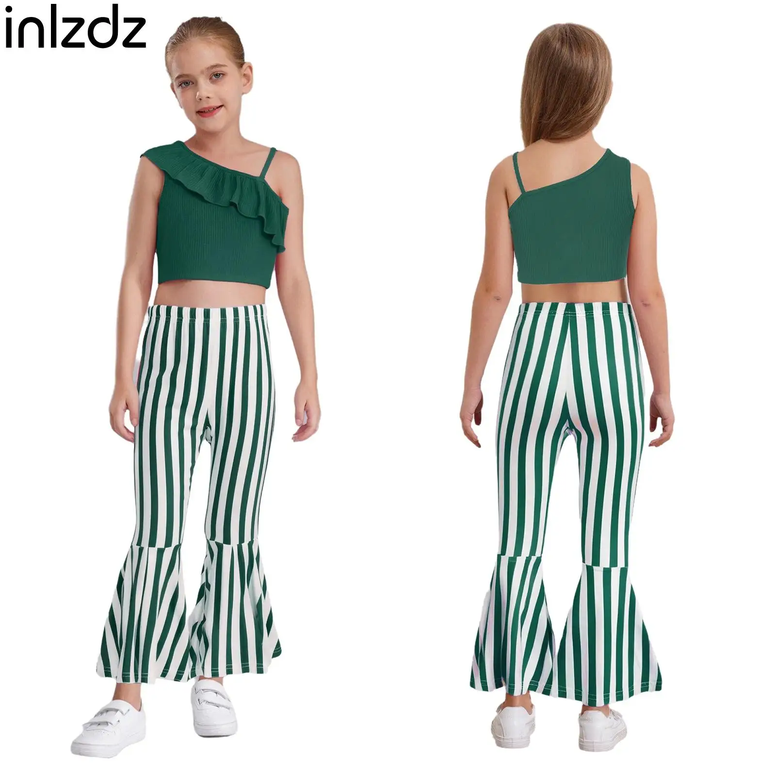 

Children Girls 2-Piece Casual Outfit Sleeveless Asymmetrical Ruffles Ribbed Crop Top with Elastic Waistband Bell-Bottomed Pants