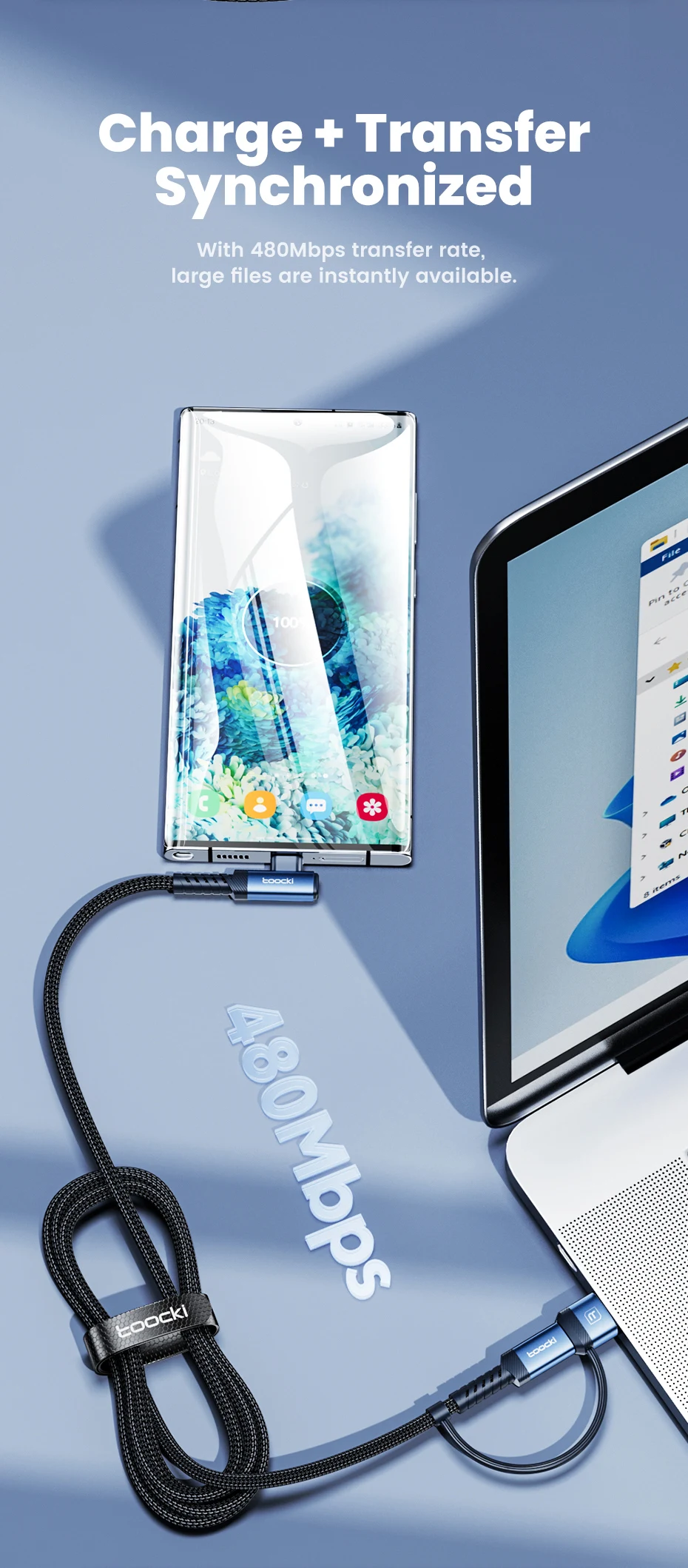 Toocki 2-in-1 Winkel-USB-C-Kabel, 2m PD 60W USB-C zu USB-C 3A Schnellladekabel für iPhone Samsung Xiaomi Huawei Datenkabel – Detail 7