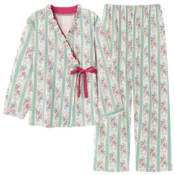 Spring Autumn V-Neck Pyjamas Female Pajamas Sets Elegant Floral Japanese Kimonos For Women Big Yards M-4XL Cotton Yukata