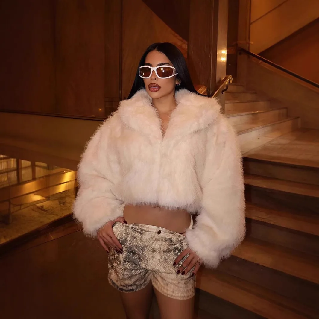Flauschigen Winter Frauen Nerz Pelz Jacke Oversize Solide Langarm Revers Kurze Dame Nerz Pelz Mäntel Elegante Pelzigen Weiblichen Pelz Strickjacke