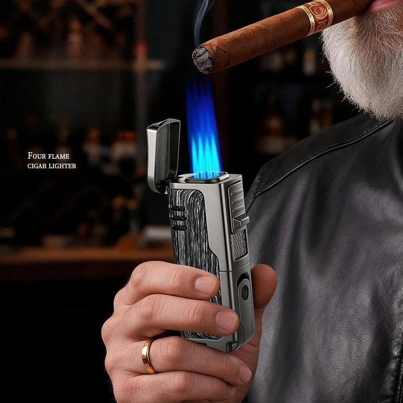 2026 Windproof 4-Flame Multifunctional Cigar Lighter Visual Gas Window Cigar Holder Cigar Diamond High Grade Butane Gas Lighters