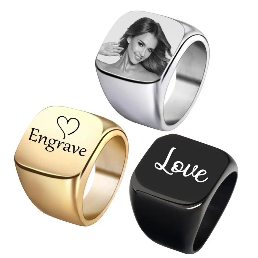 Personalized Handwritten Rings Engrave Name Photo Ring Stainless Steel Mens Square Top Band Minimalist Female Finger Jewelry