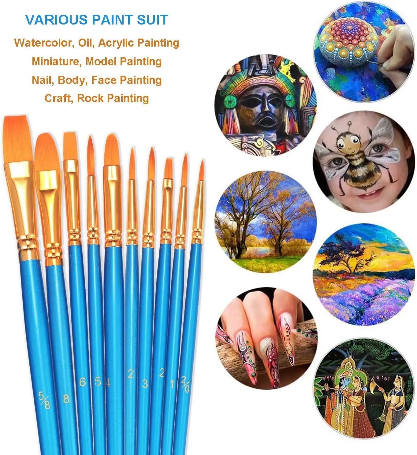 20-Piece Round-Tip Nylon Paint Brushes Set for Acrylic, Oil, Watercolor Art and Miniature Detailing