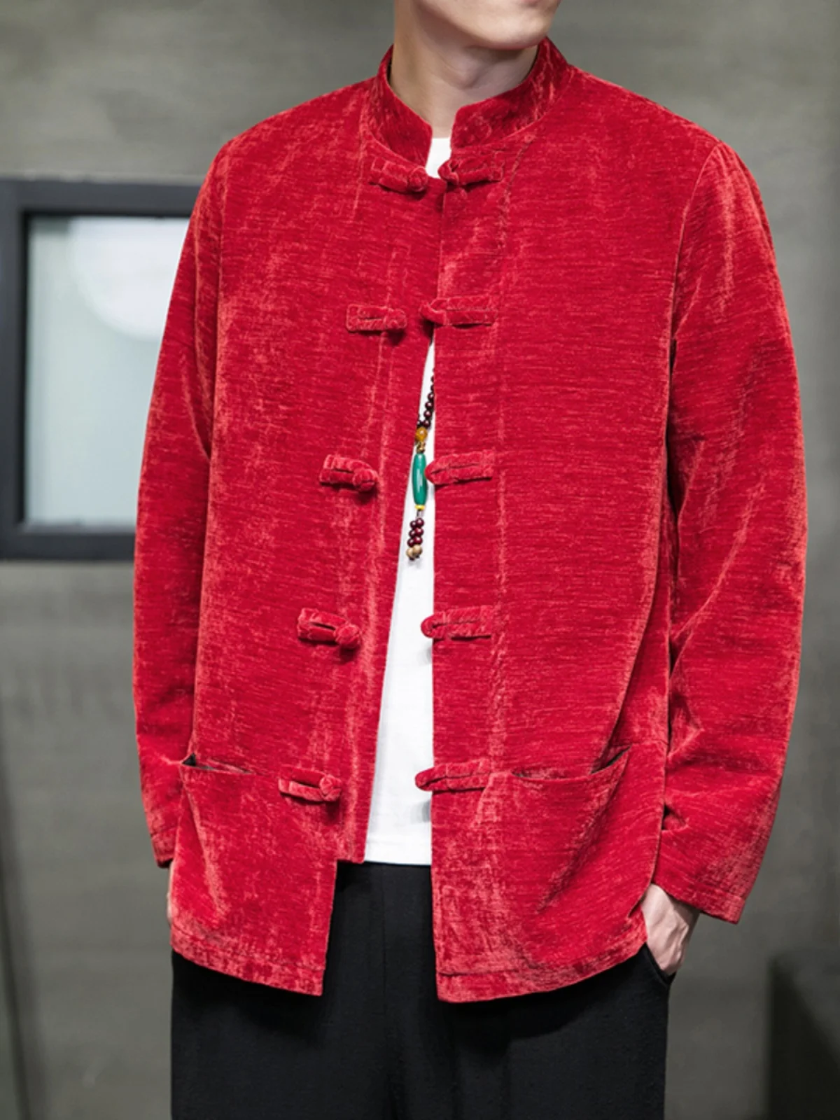

New Chinese Sle Tang Suit Jaet Men's Loose Velvet Red Outerwear Celebration Best Man Button-Up Coat Large Size
