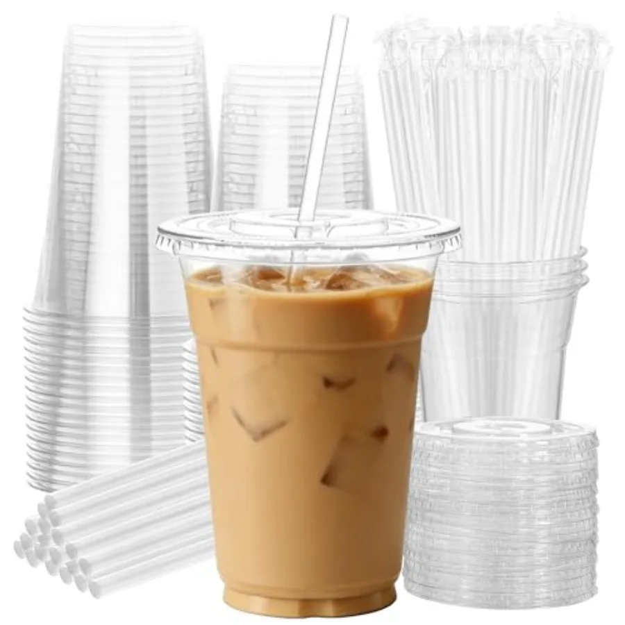

25 Pack 16 oz Clear Plastic Cups with Lids and Straws, Leak-Proof Disposable Iced Coffee Cups, BPA-Free PET Cold Drink Tumblers