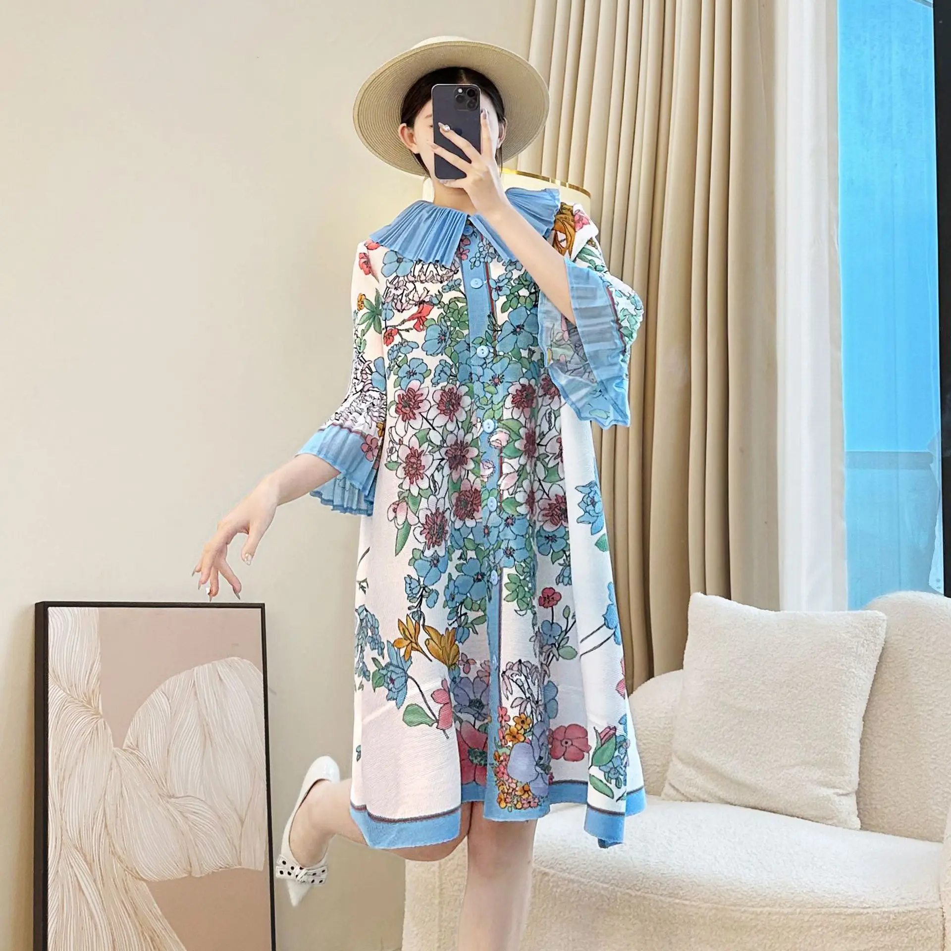 Miyake Blue Laple Printing Abito plissettato da donna monopetto manica svasata elastico allentato chic nuovo abbigliamento femminile