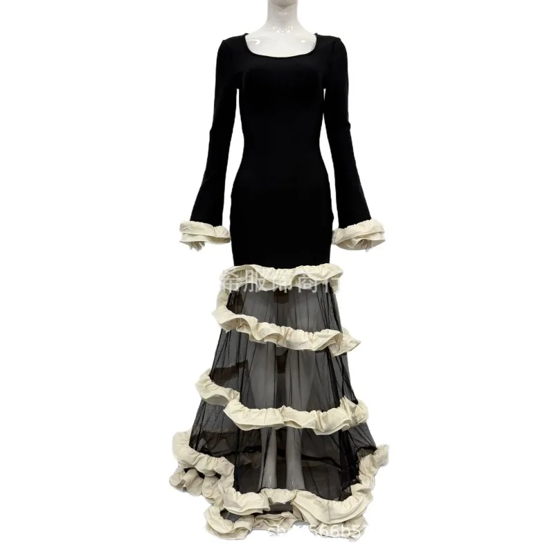 New European American Style Bandage Dress Women Elegant Ruffle Party Evening Celebrity Gown