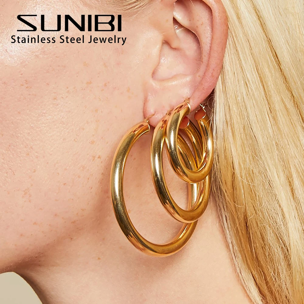 SUNIBI Gold Color Fashion Stainless Steel Hoop Earrings for Women Trendy Small Large Circle Ear Buckle Girls Jewelry Accessories