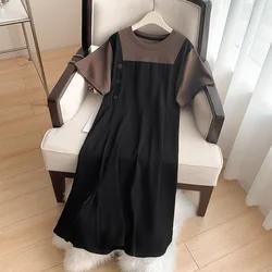 Plus Size 160Kg Women's Bust 160 Summer Loose O Neck Short Sleeve Fake Two-Piece Dress Black Large 6XL 7XL 8XL 9XL 10XL