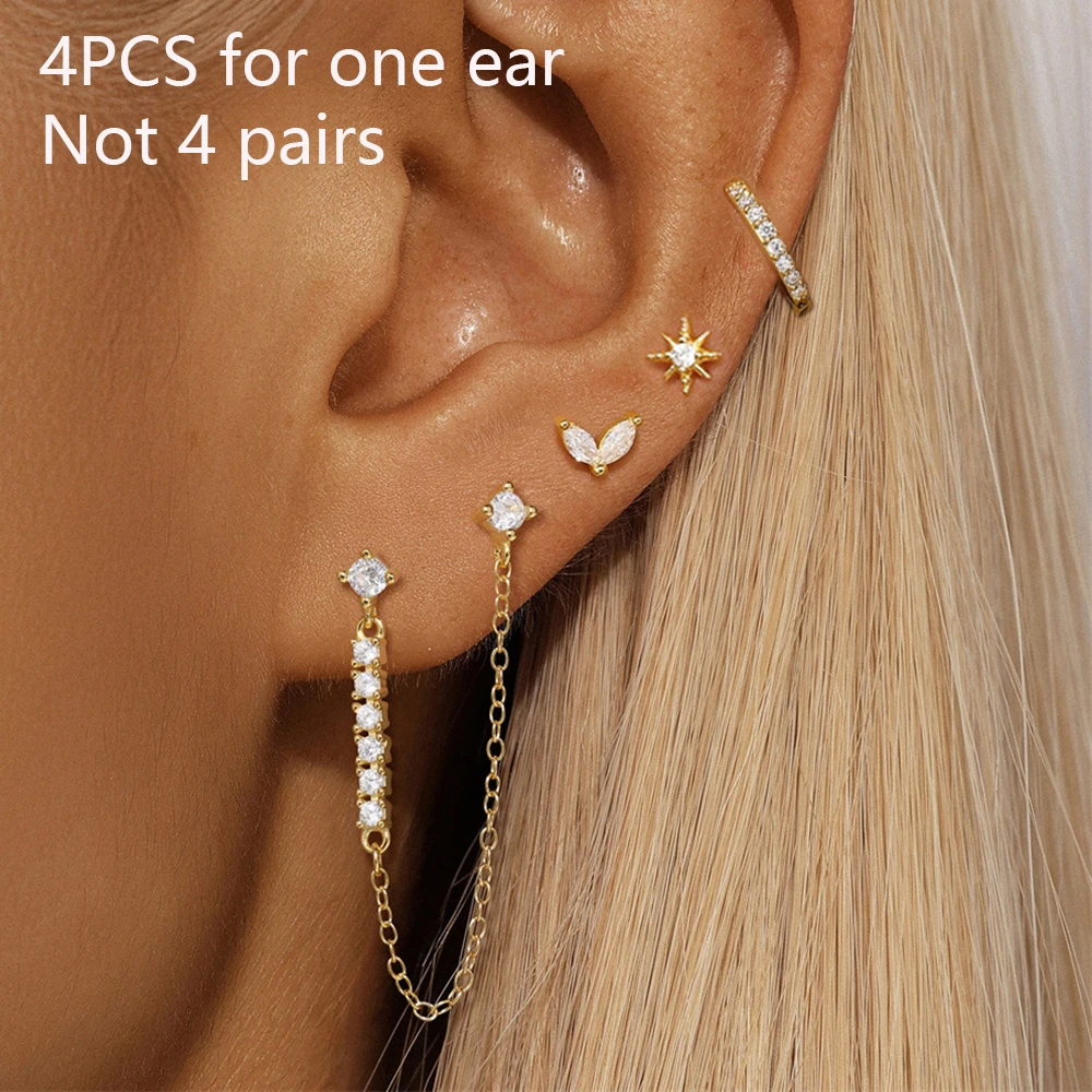 4PCS Mode Zirkonia Quaste Baumeln Kette Ohrringe Set für Frauen Edelstahl 14K Gold Überzogene Stern Ohr Stud schmuck