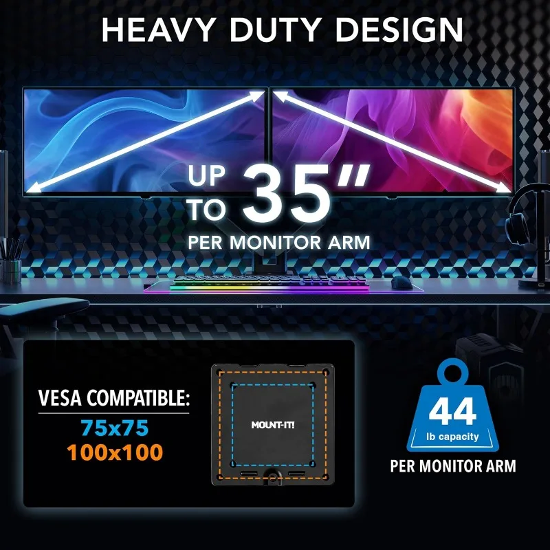 Heavy Duty Dual Monitor Arm up to 35 in. 44 lbs Screens    27 32 34 35 inches, Gas Spring, Clamp, Grommet, RGB Lights