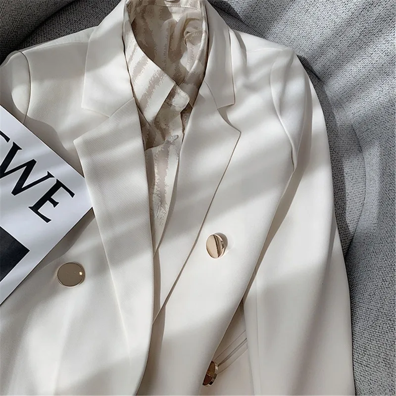 Blazer Women Long Sleeve Korean Chic White Black Blazer Spring Autumn Jacket Office Lady Double-breasted Women Clothes Coat New