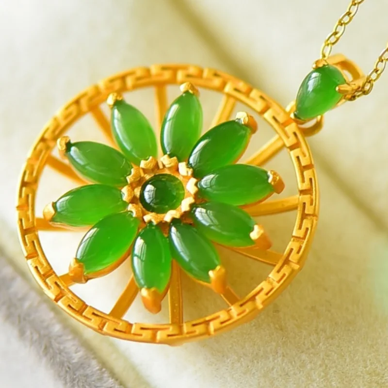 SGARIT Authentic Jadeite Hetian Jade S925 Silver Inlay 23*30mm Sunflower Pendant Rotatable Design Includes Silver Chain Necklace