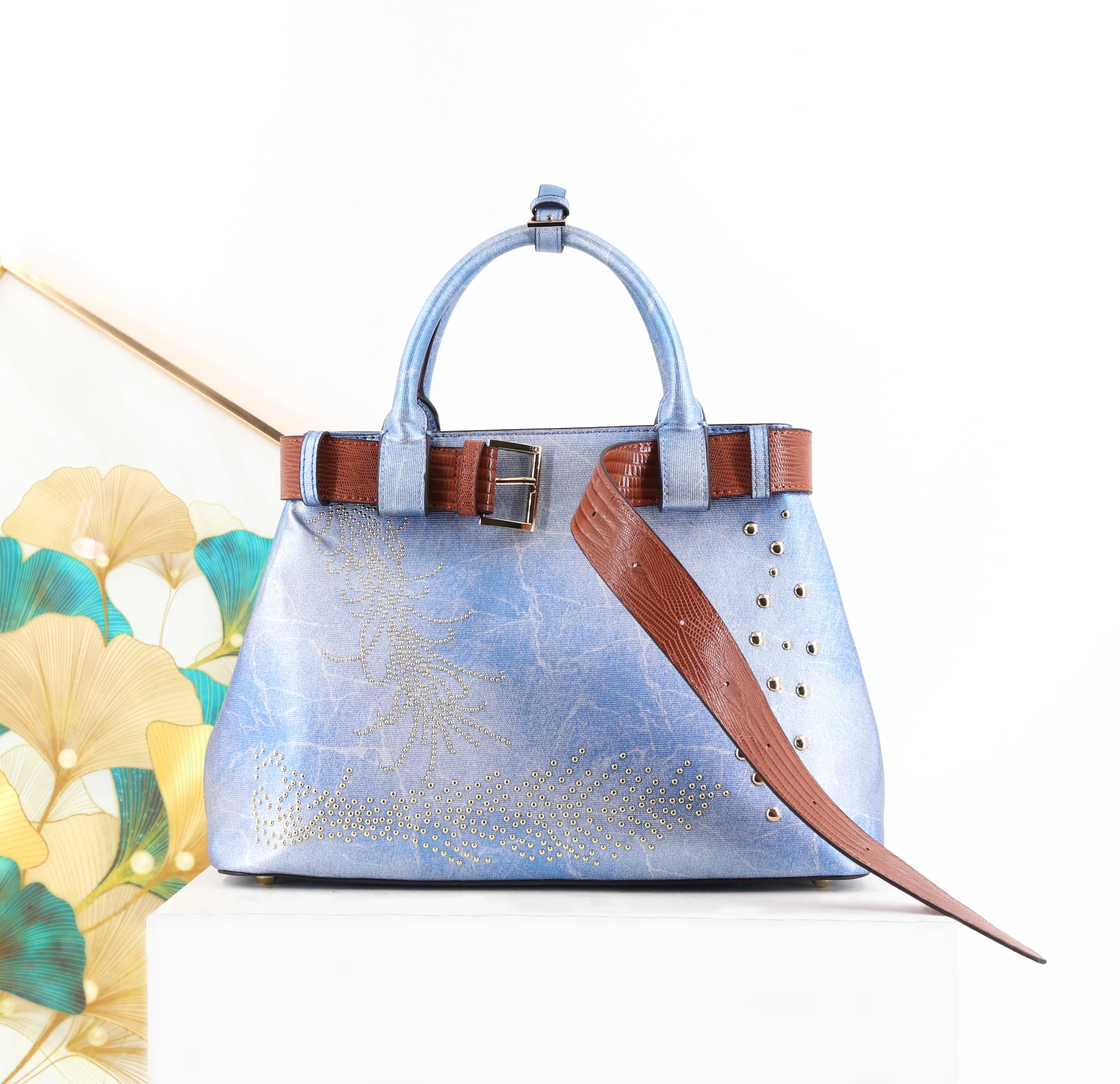 Top Product Fashion Ladies Bag Playful Personality Women Handbag with Belt Punk Jeans Tote Bag Rivet Shoulder Bag Factory 33 cm