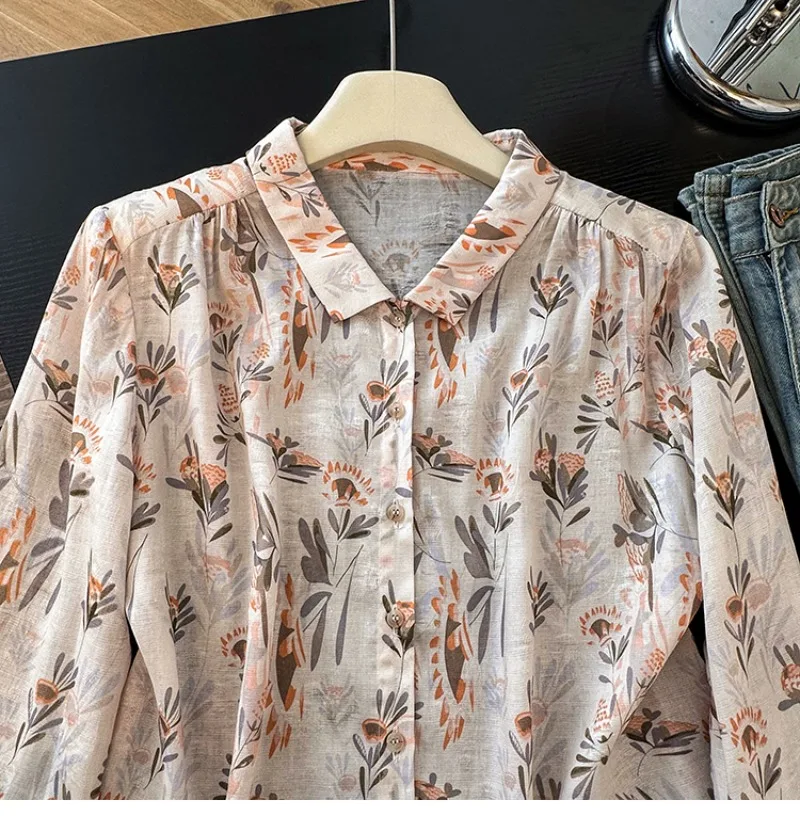 Cotton Linen Vintage Women\'s Shirt Summer Printed Clothing Sales Loose Long Sleeve Korean Tops Chinese Style Women Blouses